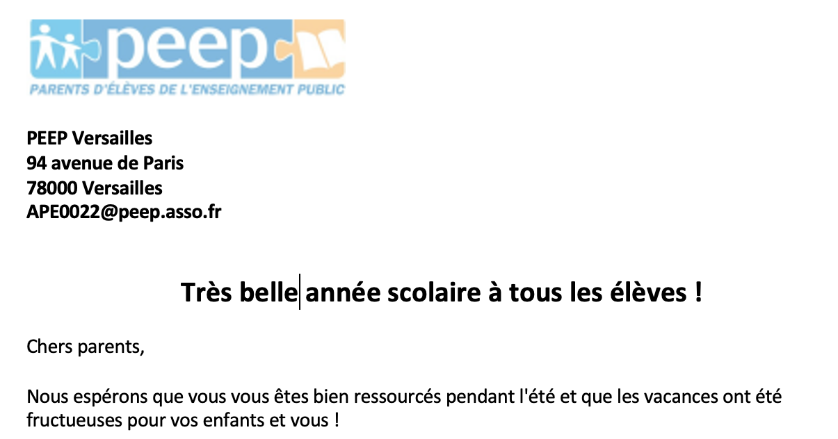 Lettre de rentrée de la Présidente PEEP Versailles