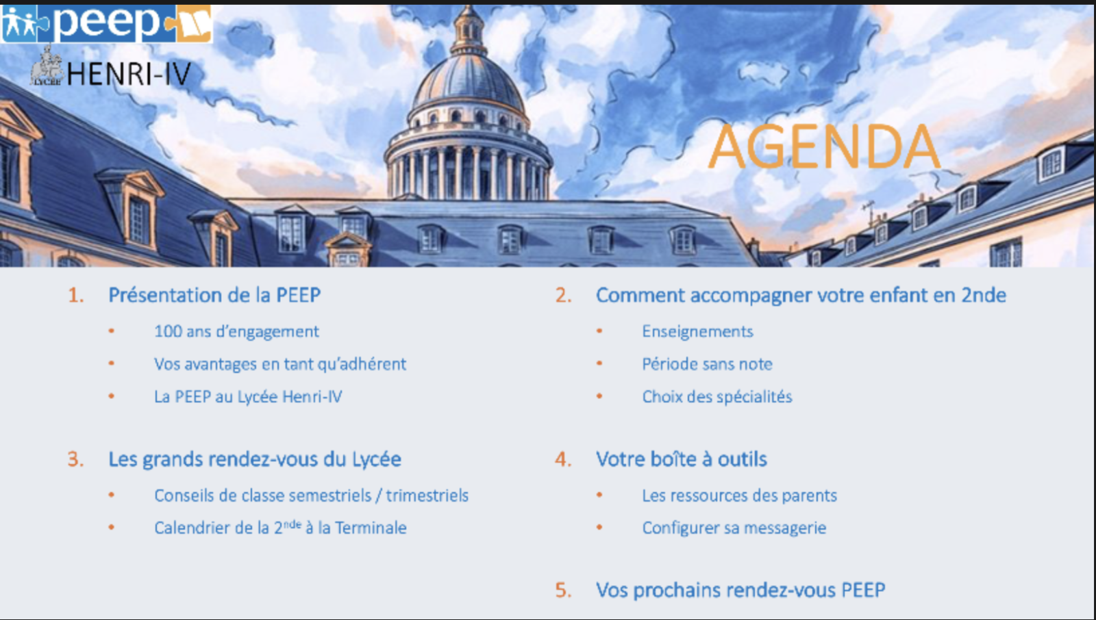 Agenda de la réunion d'accueil des parents de Seconde et nouveaux parents au Lycée Henri-IV