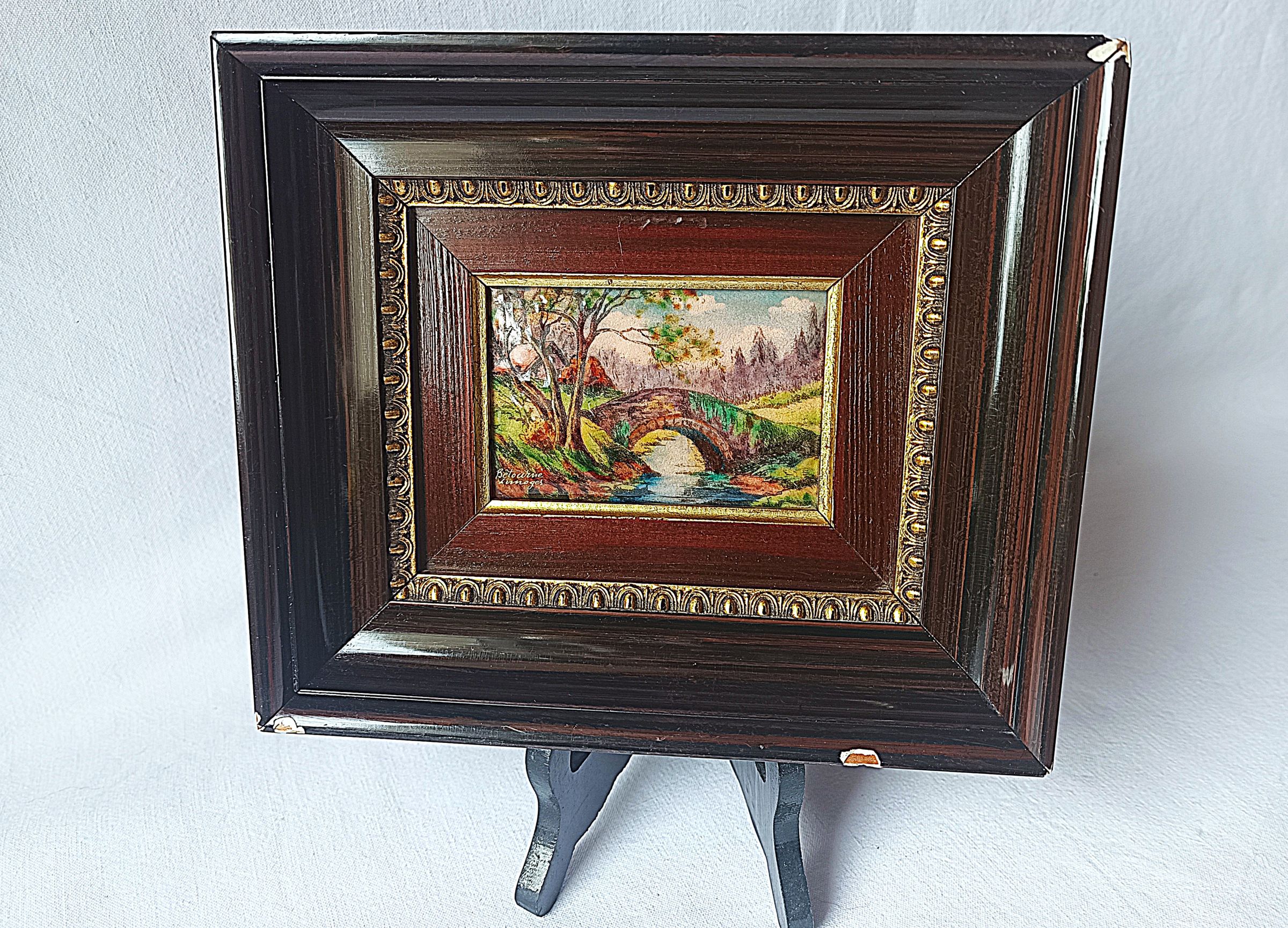 Tableau ancien émaux de Limoges signé R. Bétourné encadrement bois stuc