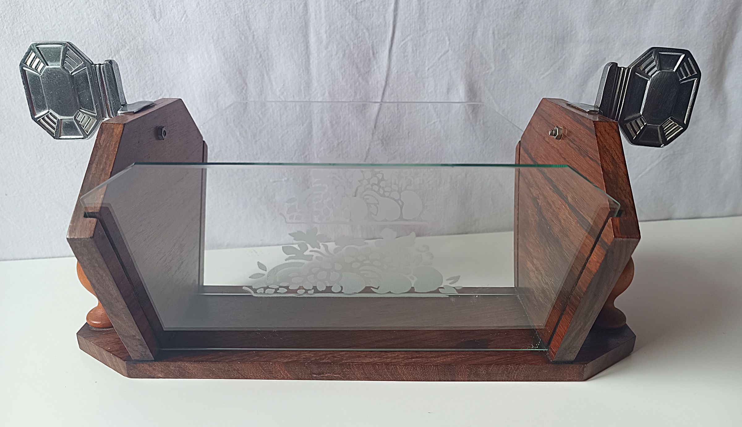 Porte courrier lettre art déco bureau verre gravé centre table corbeille panier