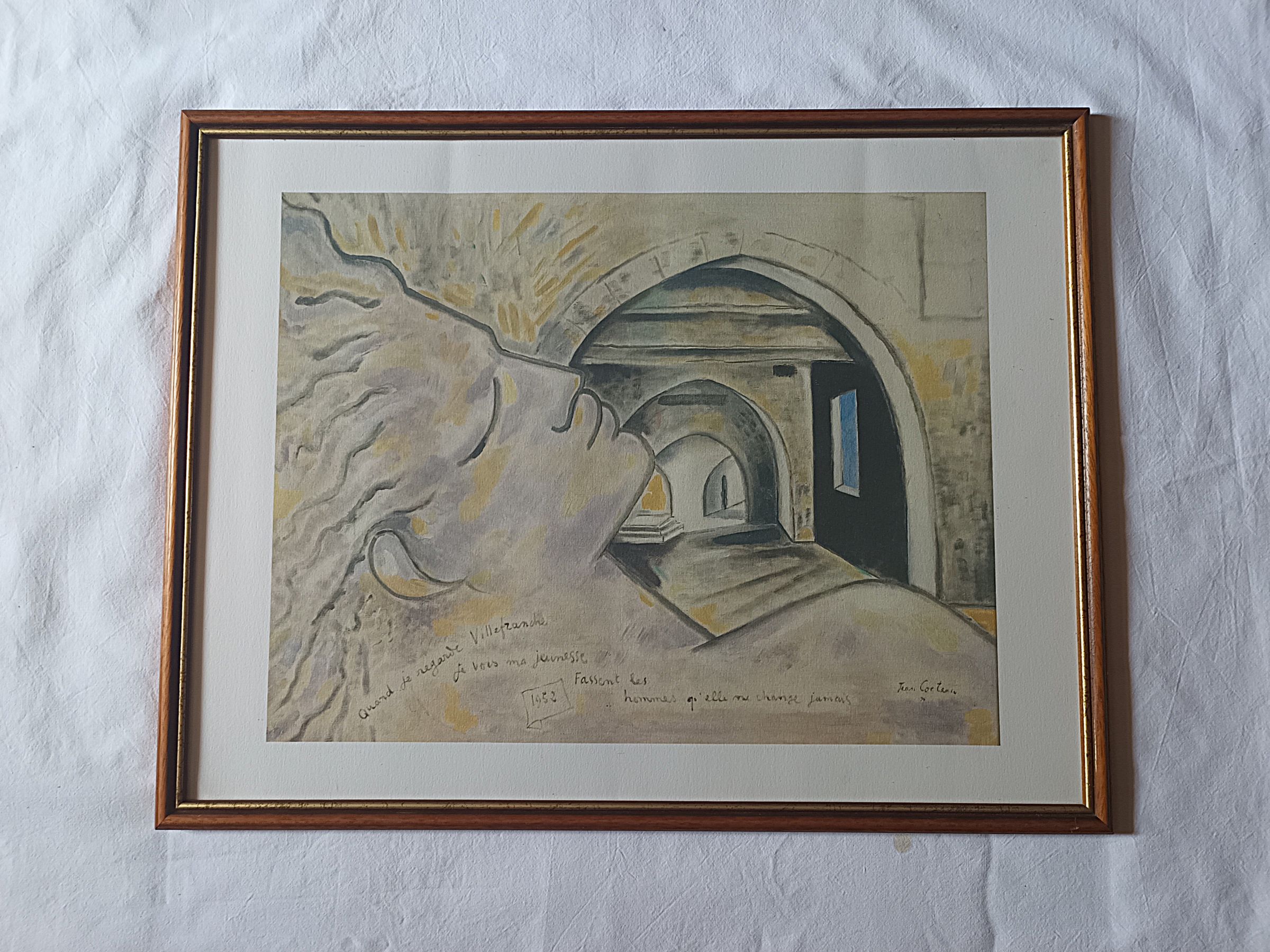 Lithographie originale Jean Cocteau Villefranche 1952 Cadre 68 cm X53 cm