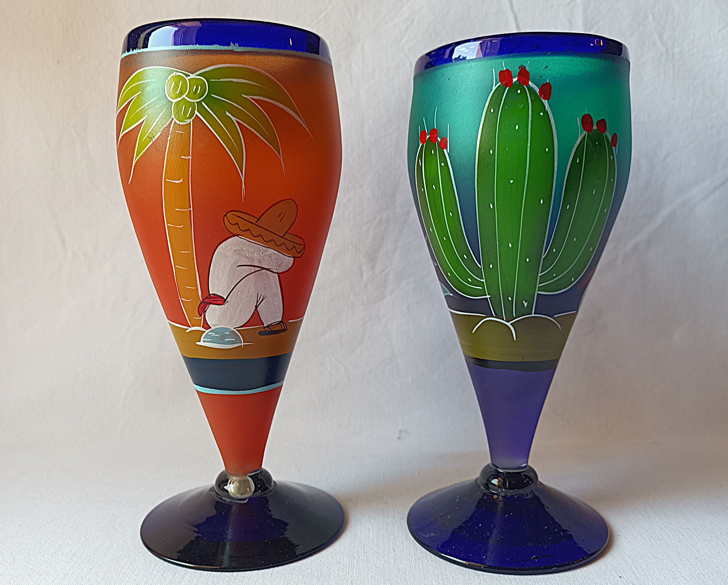 Verre à cocktail / Duo de vase verre dépoli Cobalt vintage année 80 Décor siesta mexicain
