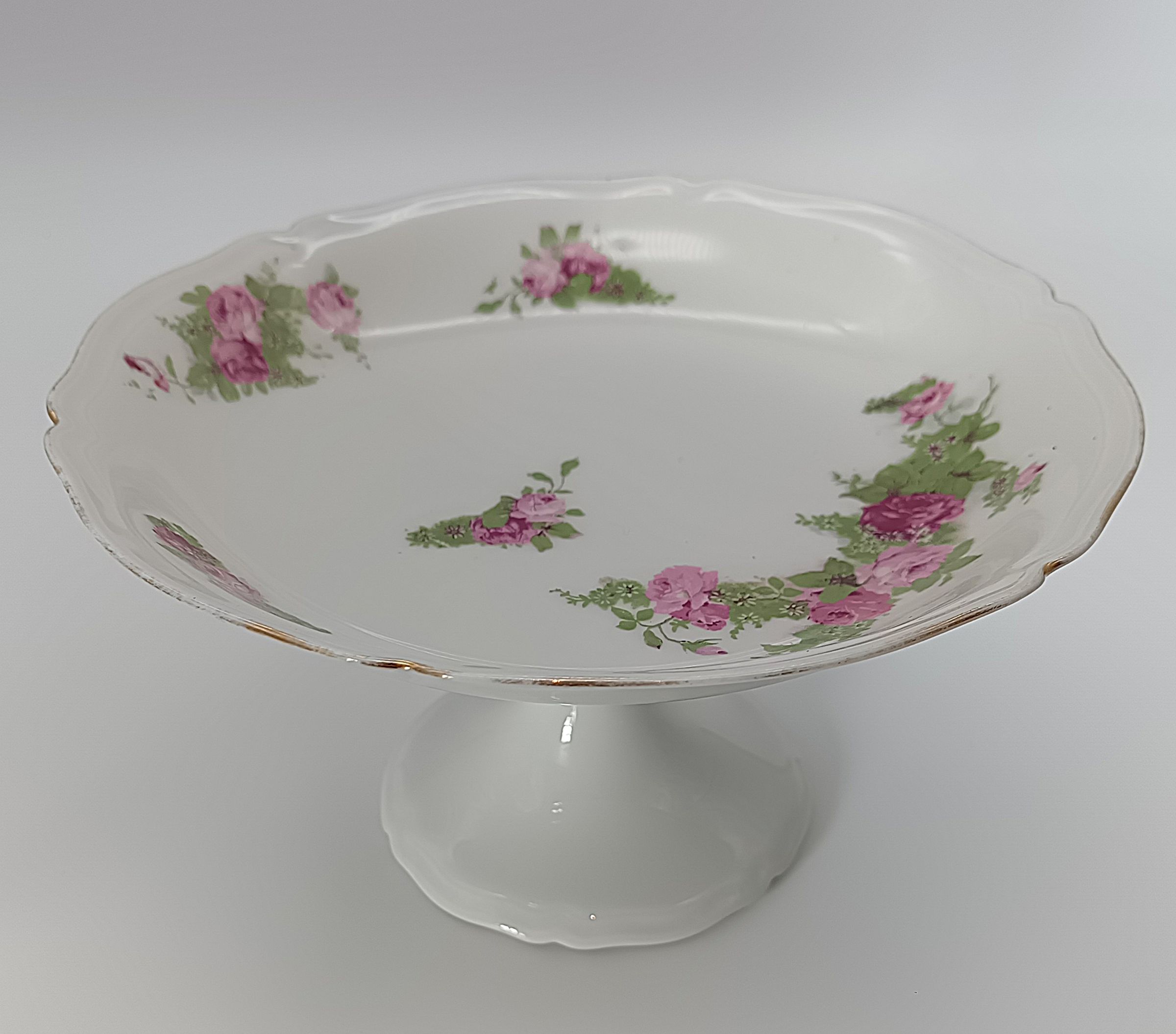 Coupe à Pied Serviteur en Porcelaine de Limoges Décor Floral Roses Dorure (Ø 23 cm)