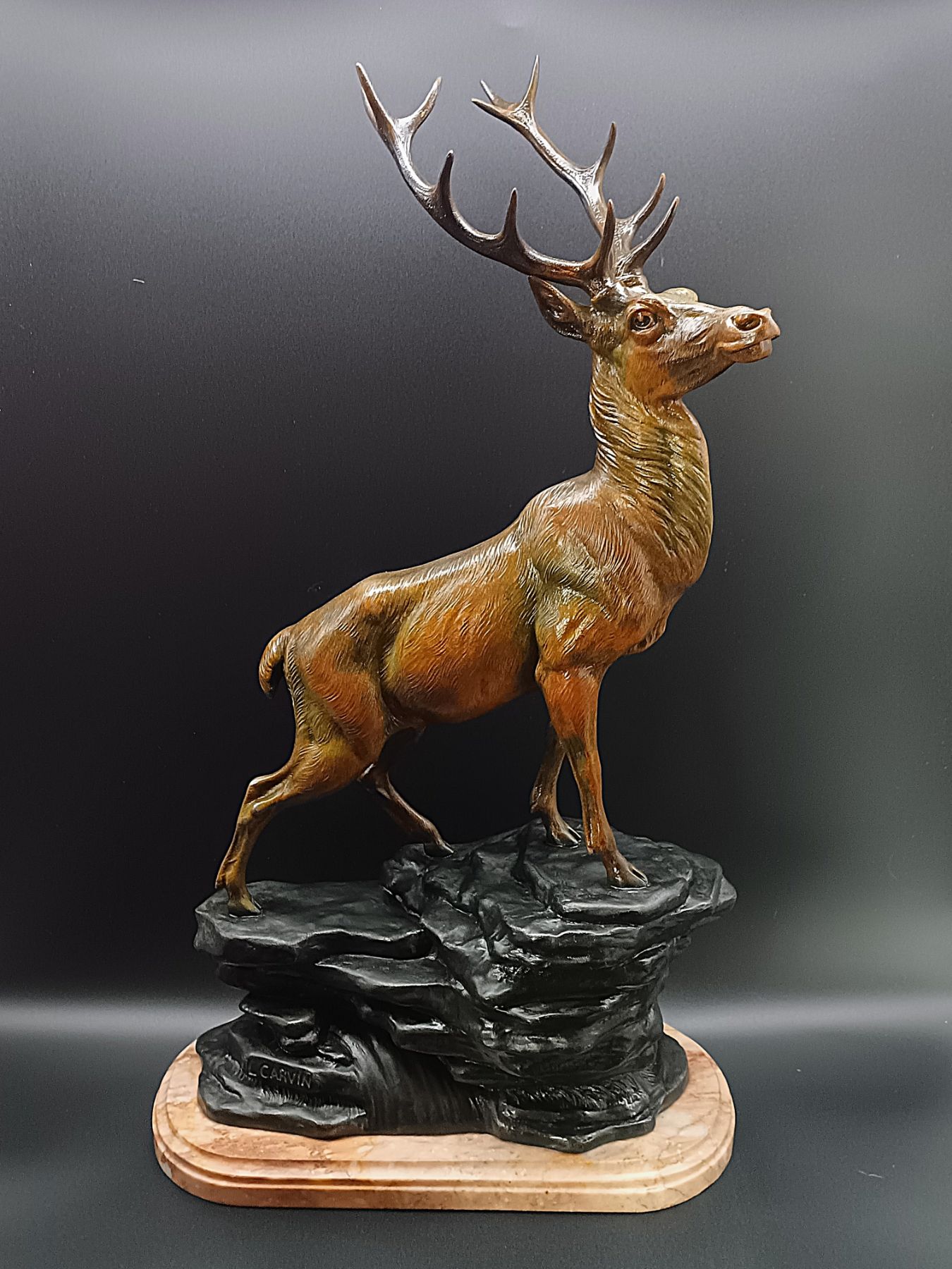 Grand Cerf Art Déco L. CARVIN - Rare Sculpture Régule Polychrome H. 67 cm