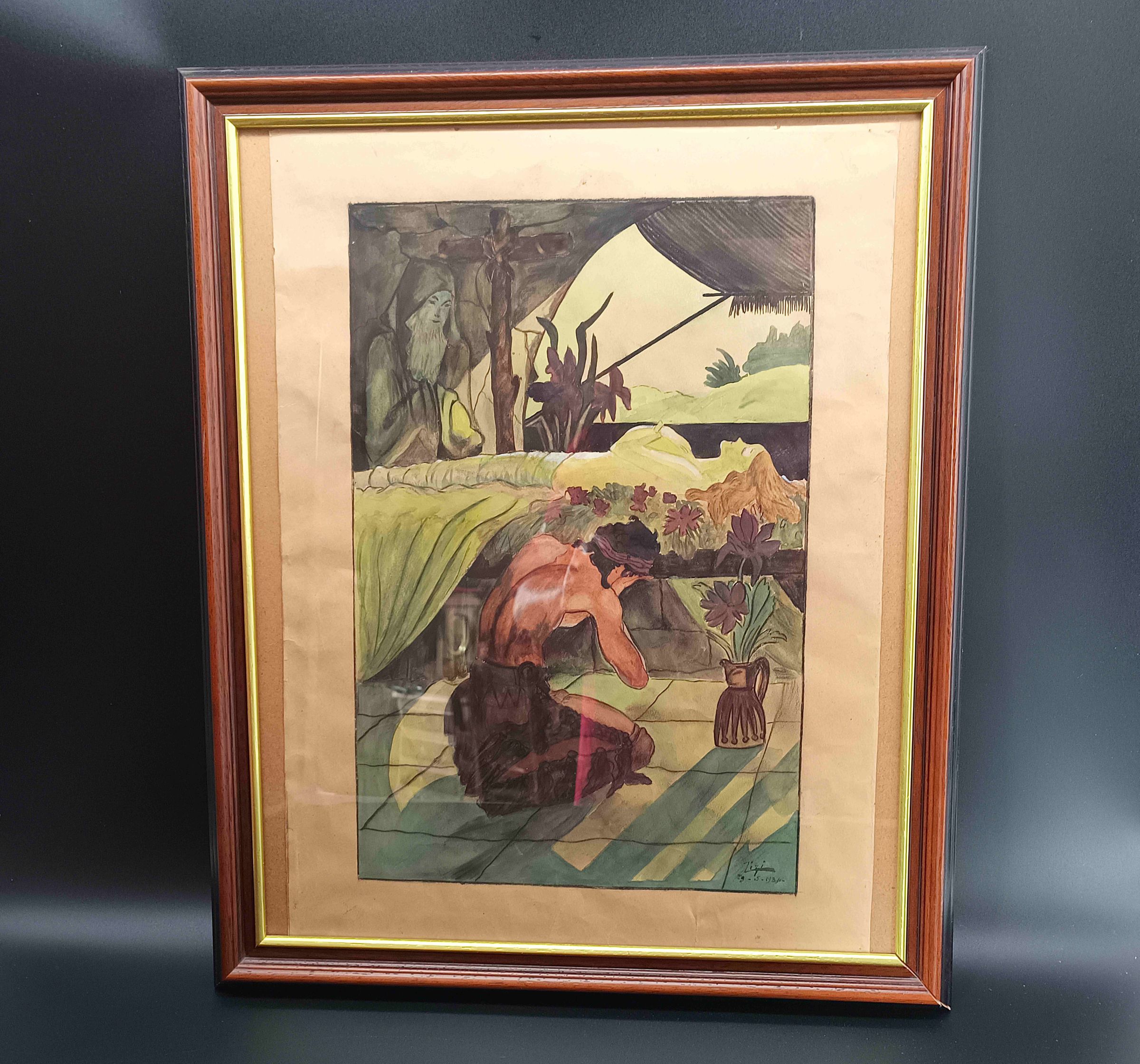 Grande Aquarelle Originale Art Déco Symboliste Datée Mai 1934 & Signée