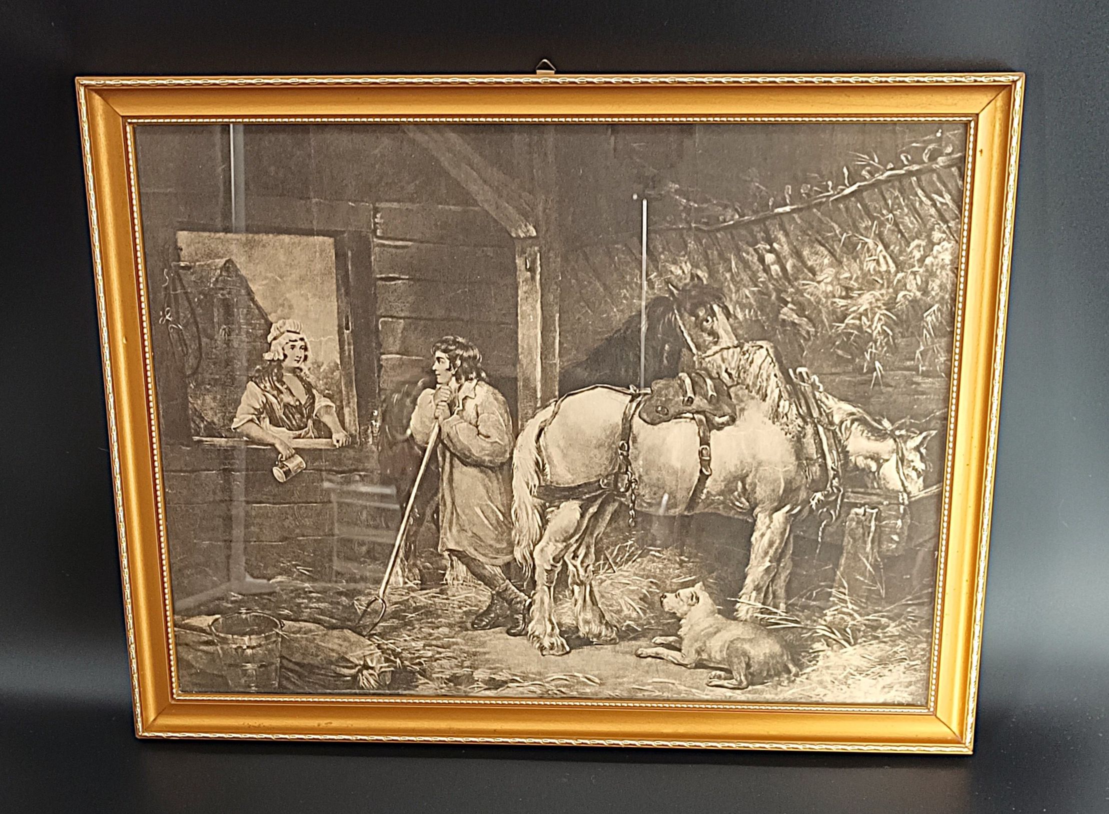 Gravure de Genre Style George Morland Scène Rustique d'Écurie & Chevaux (52,5 x 41 cm)