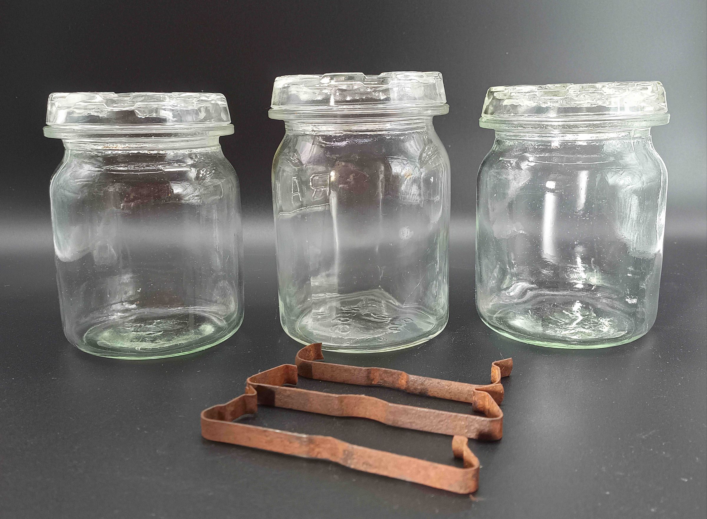 Lot de 3 Bocaux Anciens RAC en Verre Moulé & Étriers Métalliques Déco Vintage Vrac