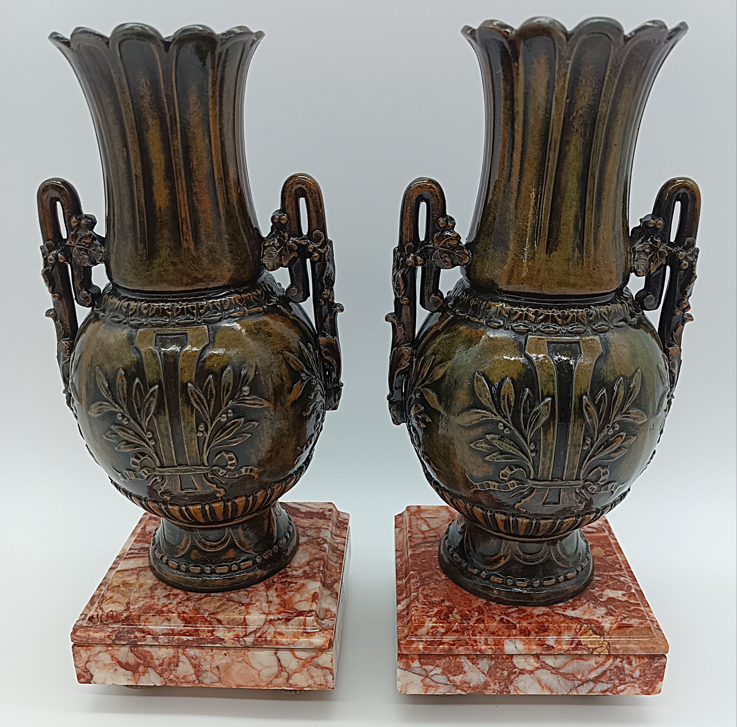 Paire de Cassolettes Vases Anciens Style Louis XVI Régule & Marbre Rouge 1900