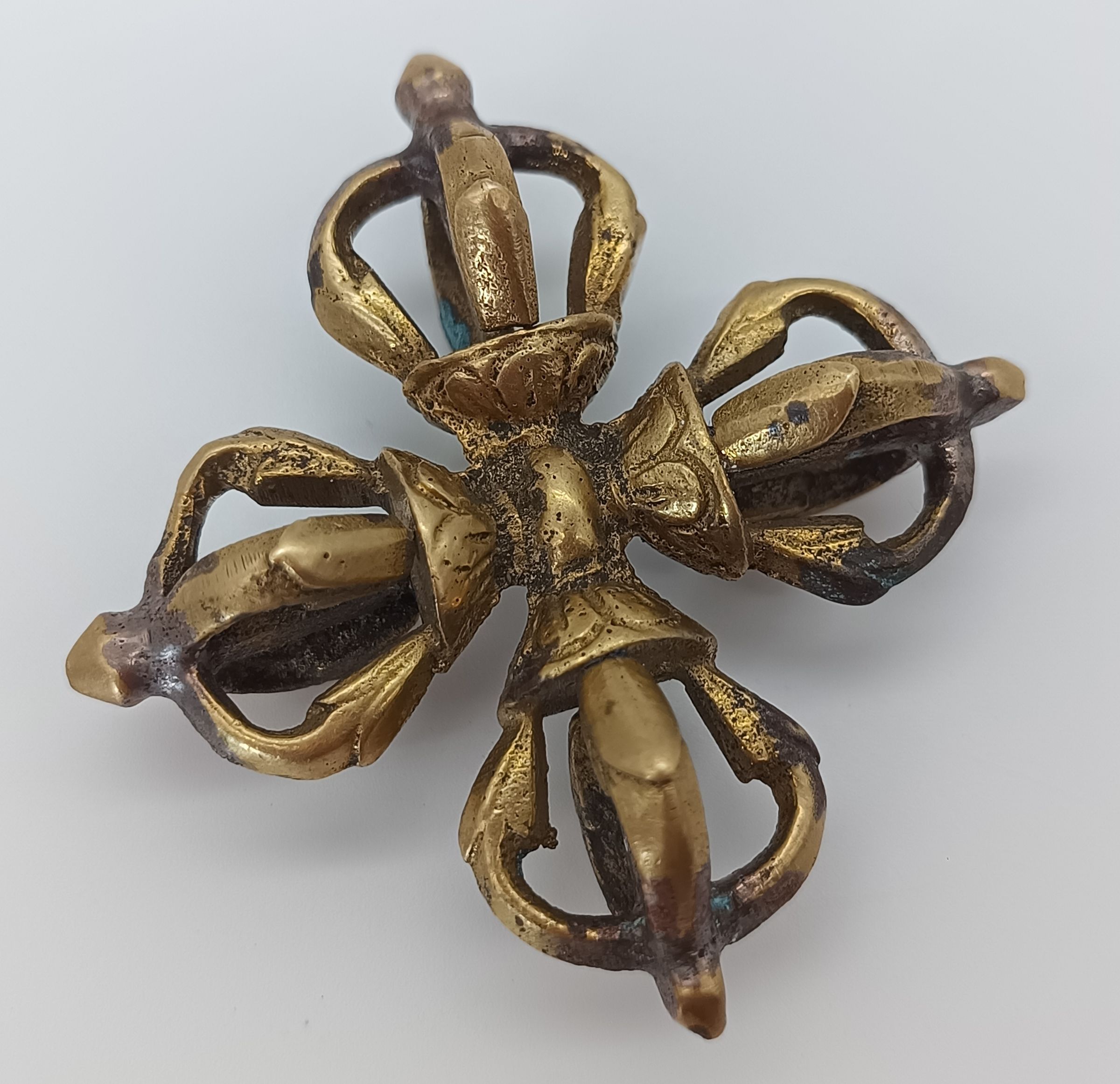Ancien Dorje Double Visvavajra en Bronze Vajra Croisé Rituel Bouddhiste Tibétain