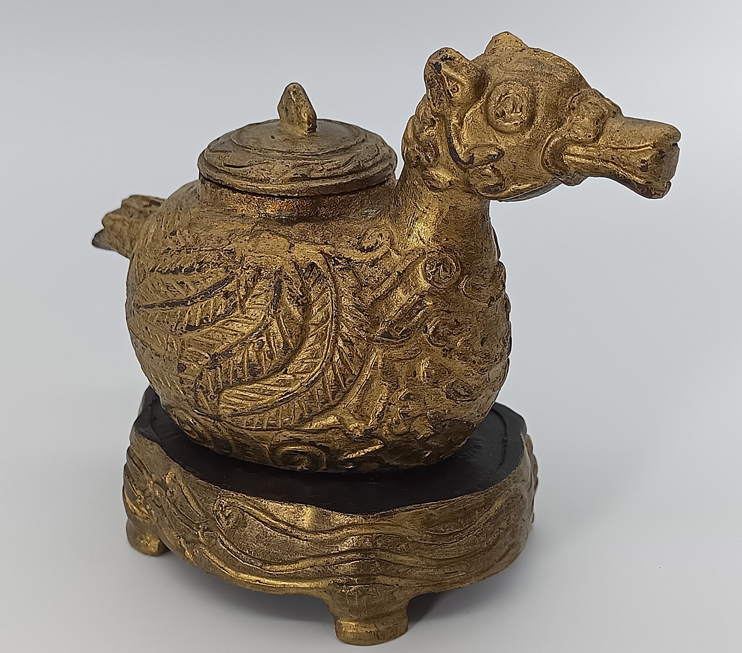 Ancien Brûle-Parfum Compte-Gouttes Fonte Dorée Oiseau Canard Mandarin Art d'Asie