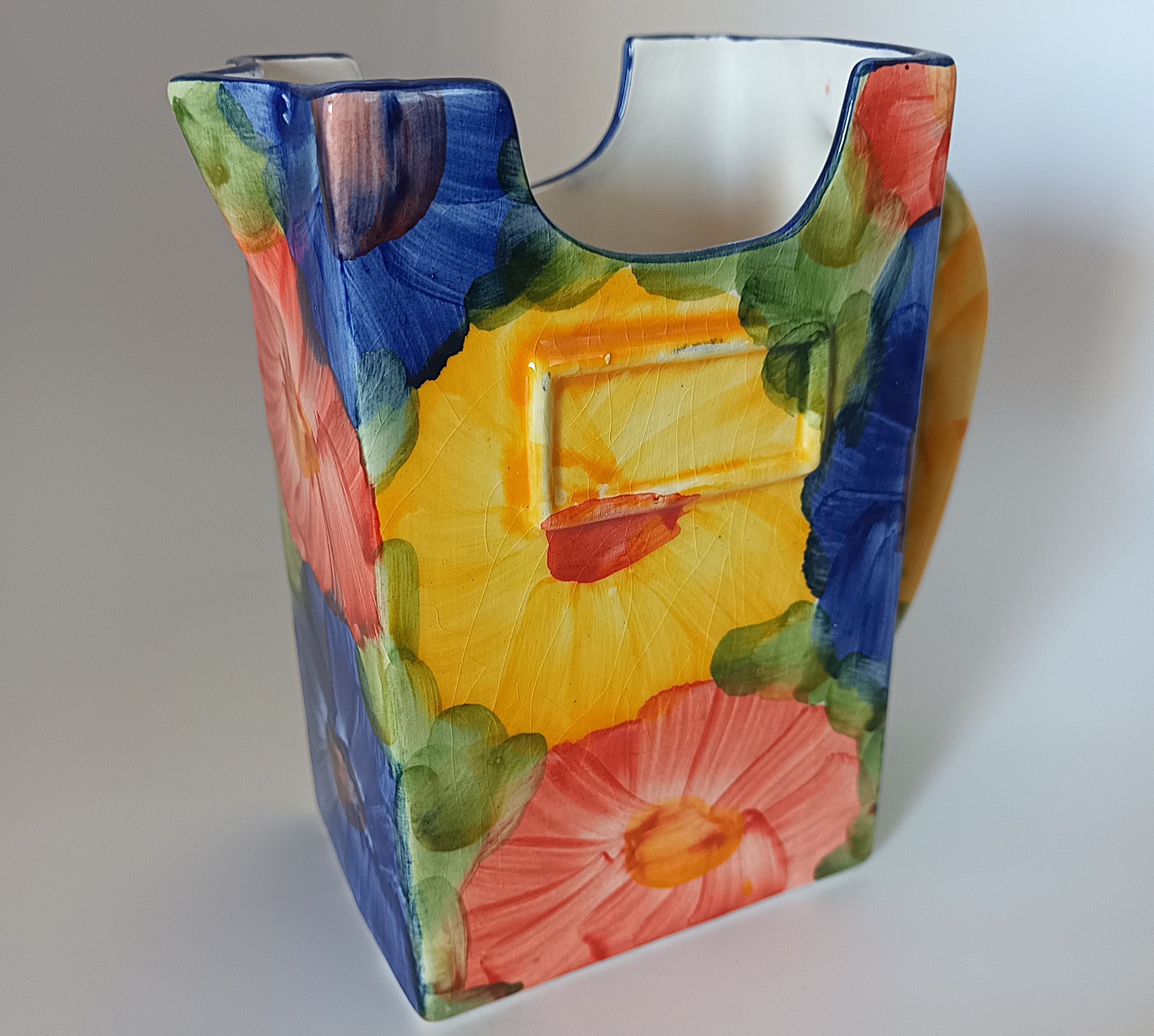 Pichet Pot à Eau Céramique Vintage Décor Floral Peint Main Couleurs Vives