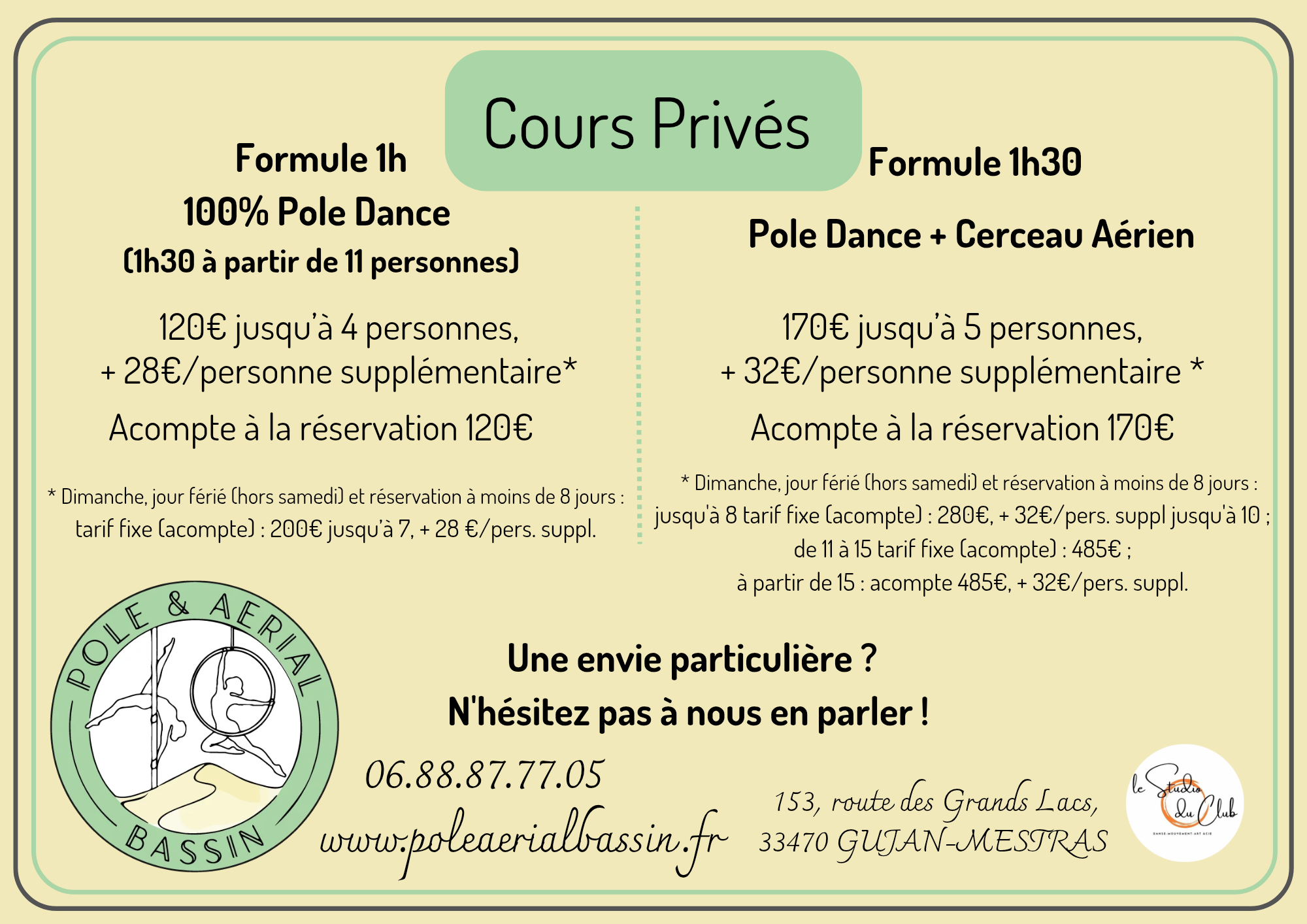 Cours Privés / Anniversaires / EVJF / EVG 2026-2027