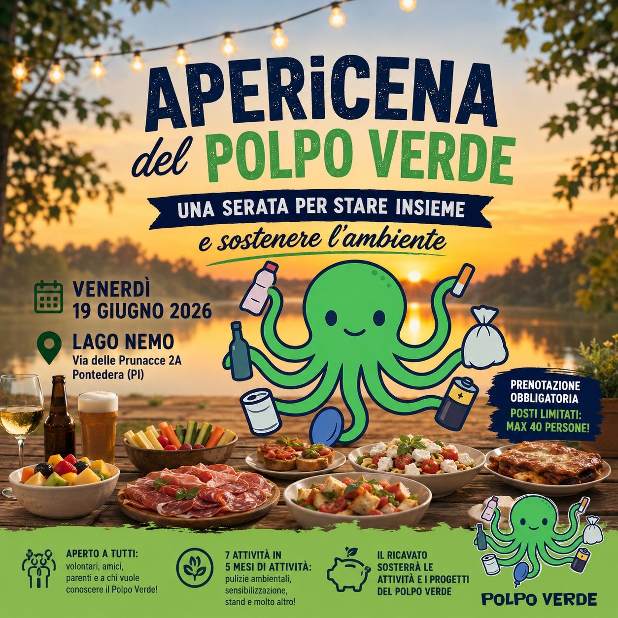 VENERDÌ 19 GIUGNO ORE 19:30 PONTEDERA (PI):  APERICENA CON IL POLPO VERDE AL LAGO NEMO
