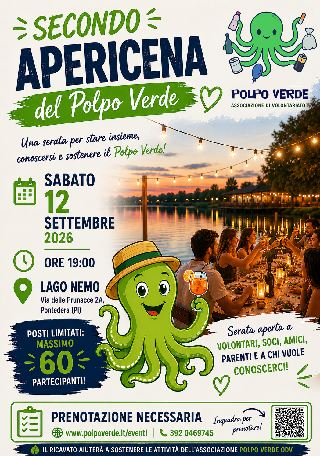 SABATO 12 SETTEMBRE ORE 19:00 PONTEDERA (PI): SECONDO APERICENA CON IL POLPO VERDE AL LAGO NEMO