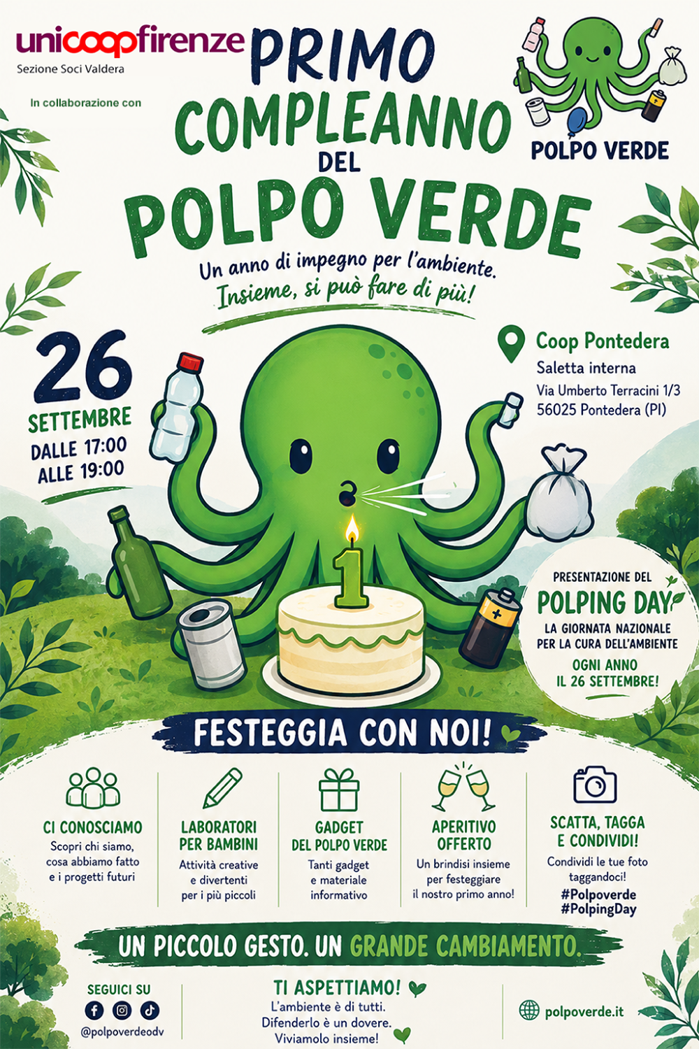 SABATO 26 SETTEMBRE PONTEDERA (PI):  PRIMO COMPLEANNO DEL POLPO VERDE