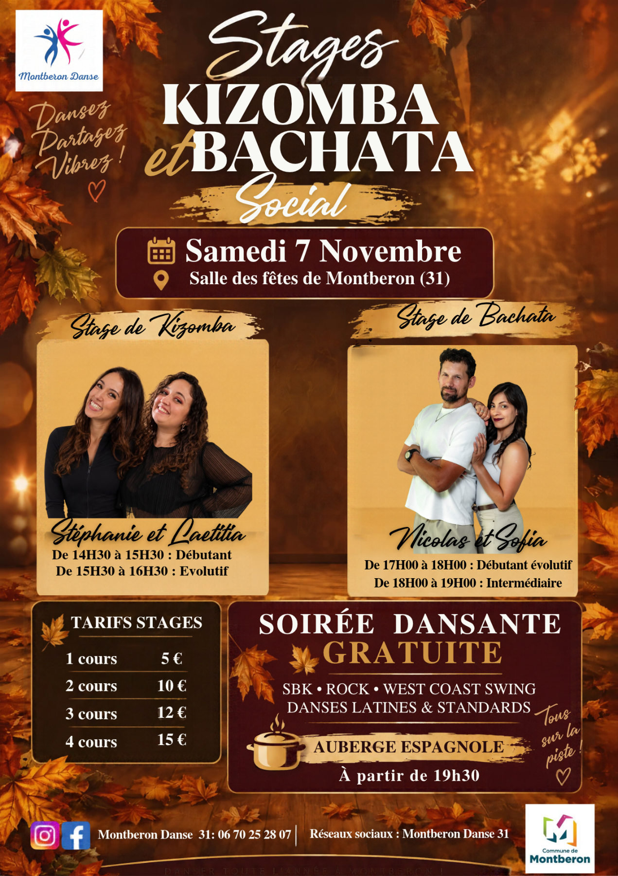 Stages de Kizomba et Bachata, soirée Dansante des 19H30
