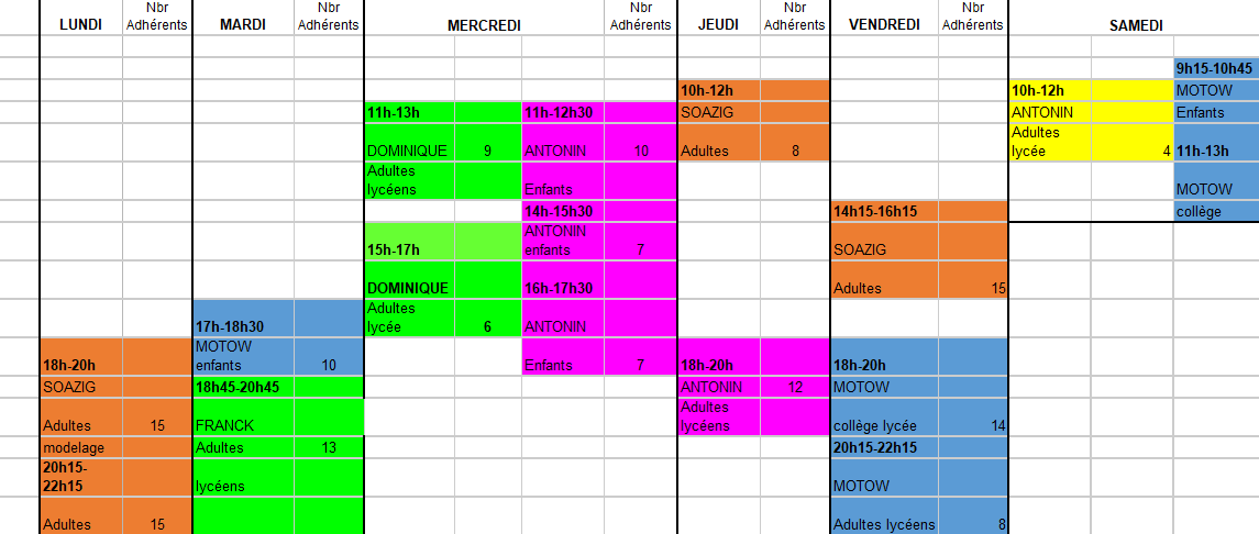 Voici une alternative textuelle détaillée pour cette image de planning des cours 2025-2026 :  ---  ### **Planning des cours 2025-2026**  #### **Lundi** - **18h-20h** : SOAZIG (Adultes)  #### **Mardi** - **11h-13h** : DOMINIQUE (Adultes lycée) - **17h-18h3