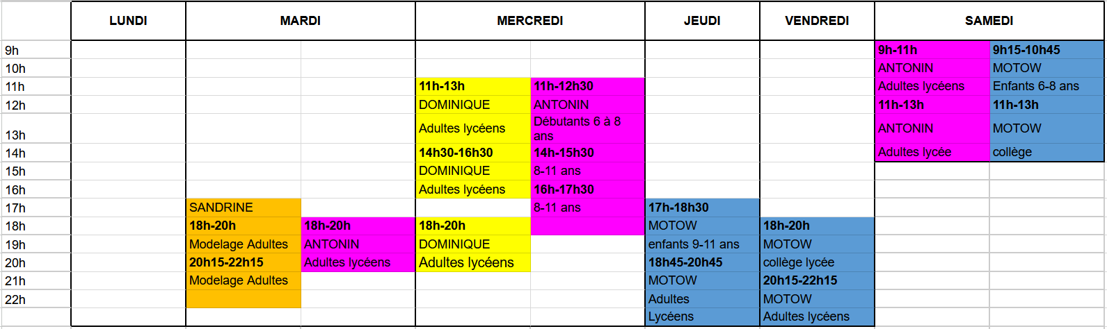 Planning des cours d'arts plastiques 2026-2027 Lundi  20h15-22h15 : Modelage Adultes  Mardi  18h-20h : Antonin (Adulte lycéen)  Mercredi  11h-13h : Dominique (Adultes lycéens) 14h30-16h30 : Dominique (Adultes lycéens) 18h-20h : Dominique (Adultes lycéens)
