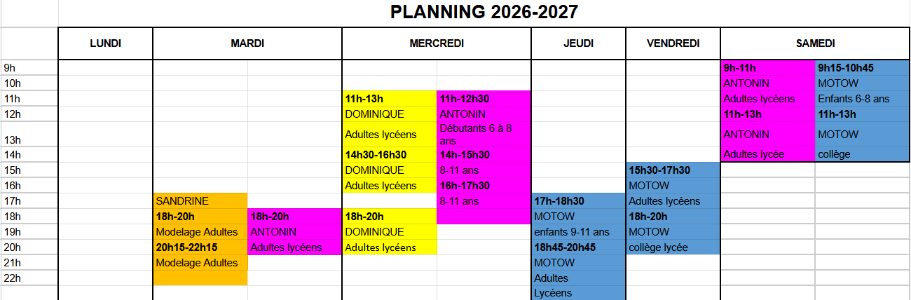 **Planning des activités 2026-2027**  --- ### **Mardi** - **18h-20h** : **Modelage Adultes** avec **SANDRINE** - **20h15-22h15** : **Modelage Adultes** - **18h-20h** : **ANTONIN** pour les **Adultes lycéens**  --- ### **Mercredi** - **11h-13h** : **DOMINI