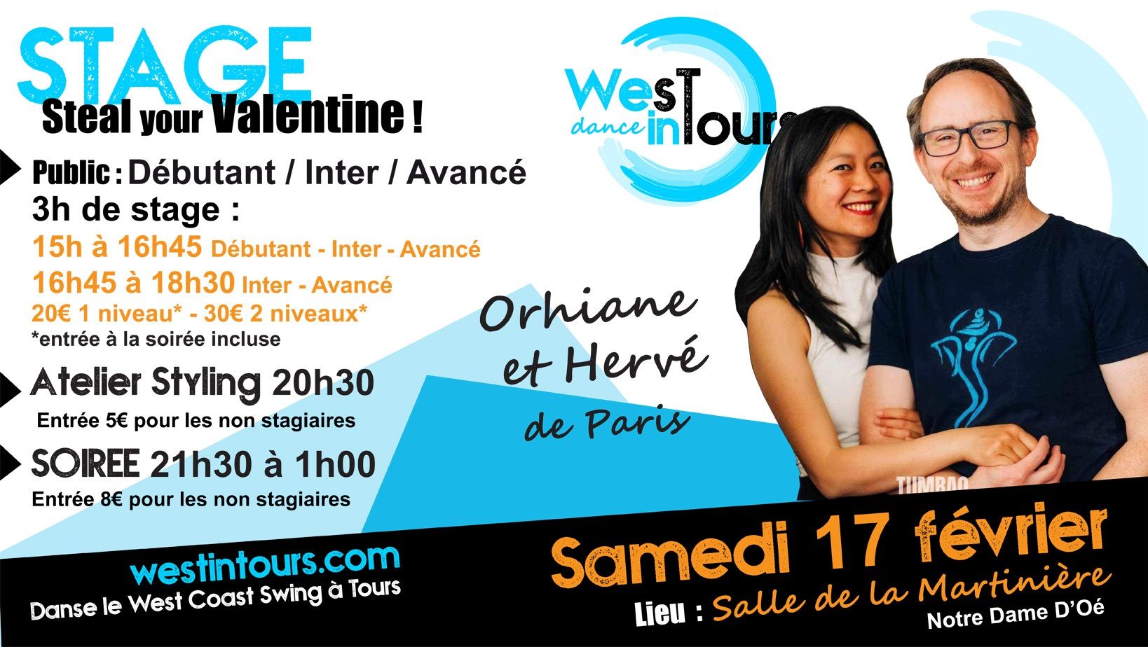 Stage tous niveaux, thème « Steal your Valentine! » avec Orhiane et Hervé, 17 février 2024