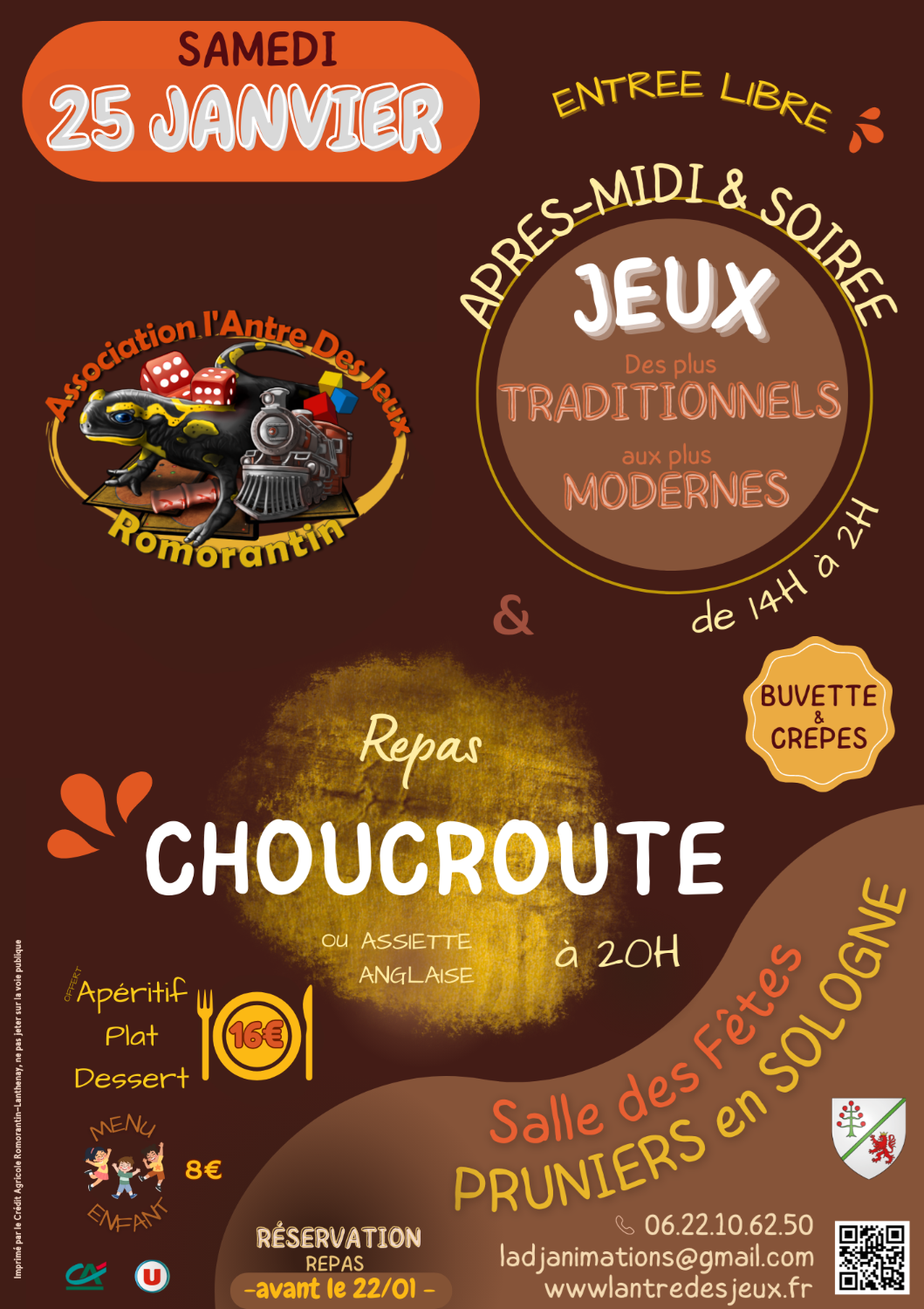 RESERVATION POUR LE REPAS CHOUCROUTE le soir de la Journée+ soirée  Jeux de société à Pruniers