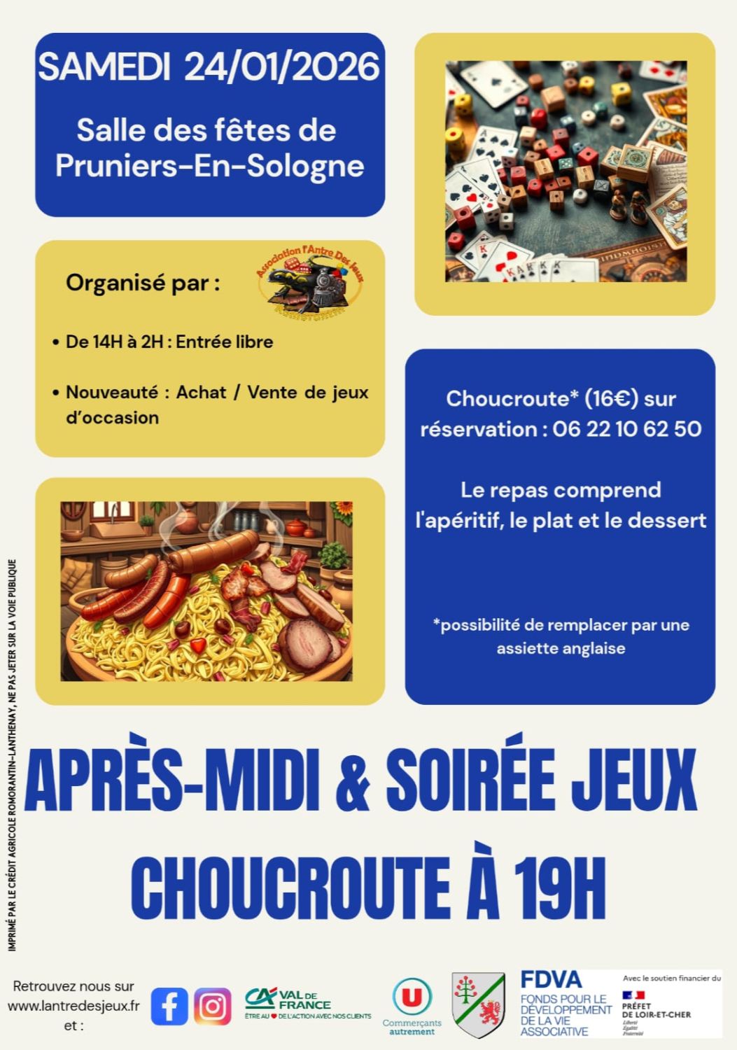 RESERVATION POUR LE REPAS CHOUCROUTE le soir de la Journée+ soirée  Jeux de société à Pruniers