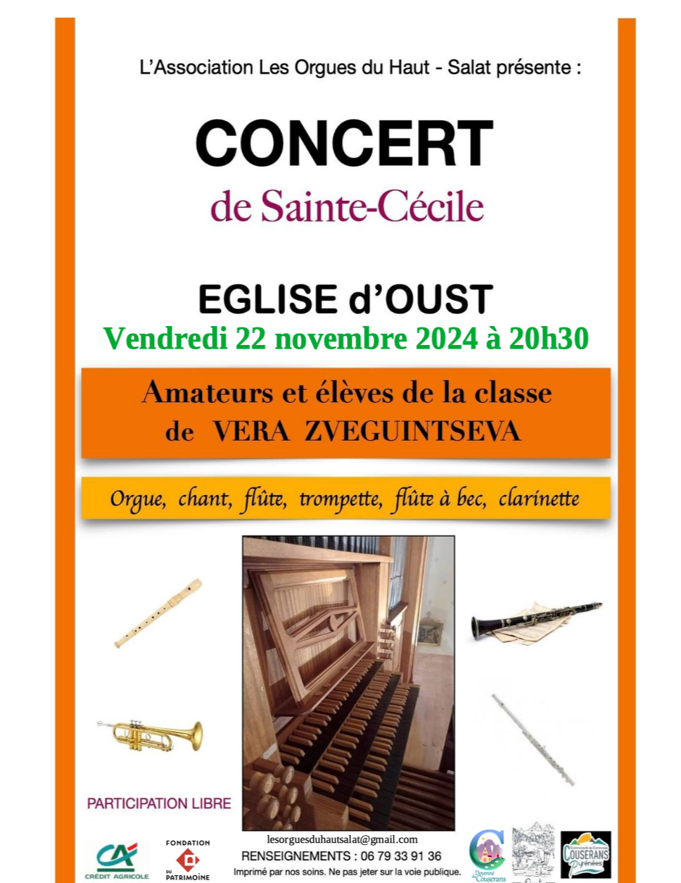 Concert/ Audition 2024 de la Ste Cécile, patronne des musiciens à Oust, le 22/11 à 20h30