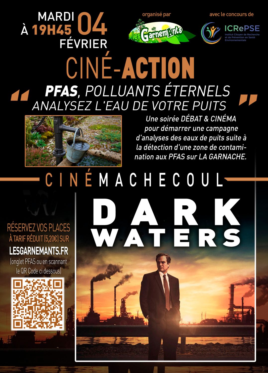 Billetterie Ciné-action PFAS : projection de Dark Waters suivie du lancement de la campagne d'analyse de puits