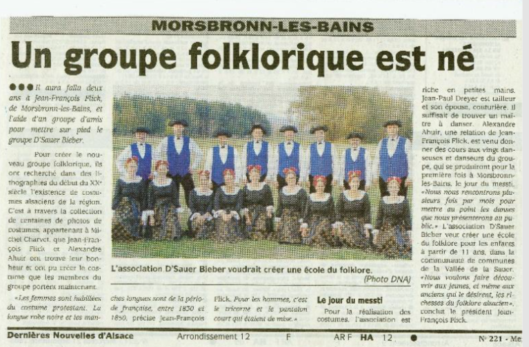 Article journal création groupe folklorique D'Sauer Bieber