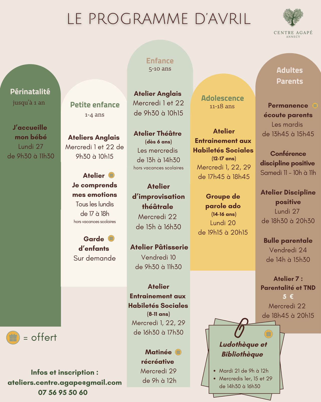 Programme des ateliers d’avril 2025 au Centre Agapé Annecy – Ateliers enfants, adolescents et parentalité à Annecy