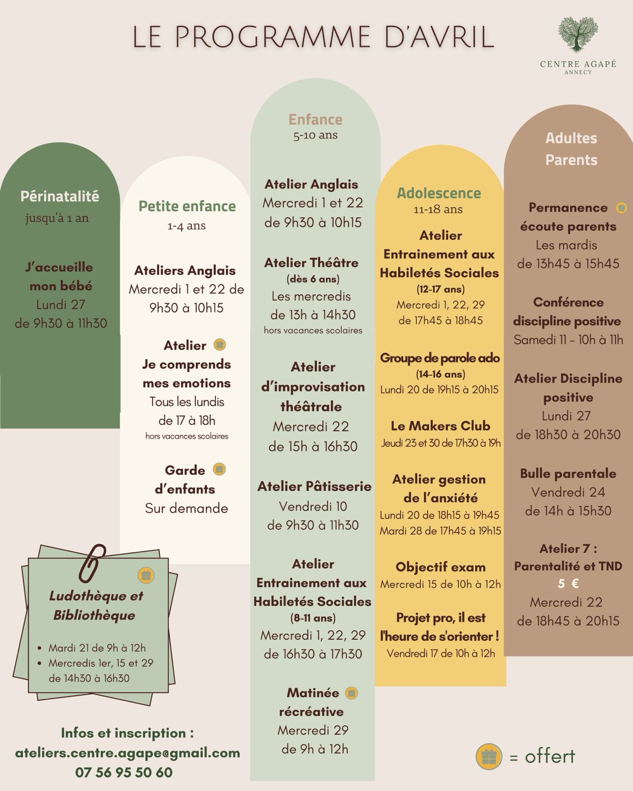 Programme des ateliers d'avril 2026 au Centre Agapé Annecy – Ateliers enfants, adolescents et parentalité à Annecy
