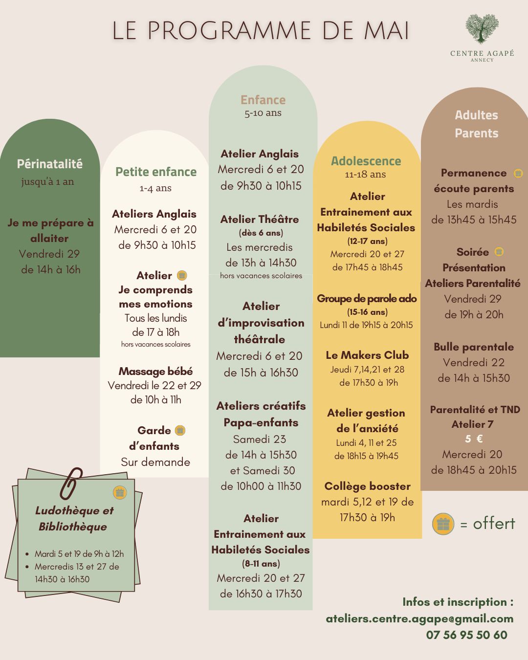 Programme des ateliers de mai 2026 au Centre Agapé Annecy – Ateliers enfants, adolescents et parentalité à Annecy