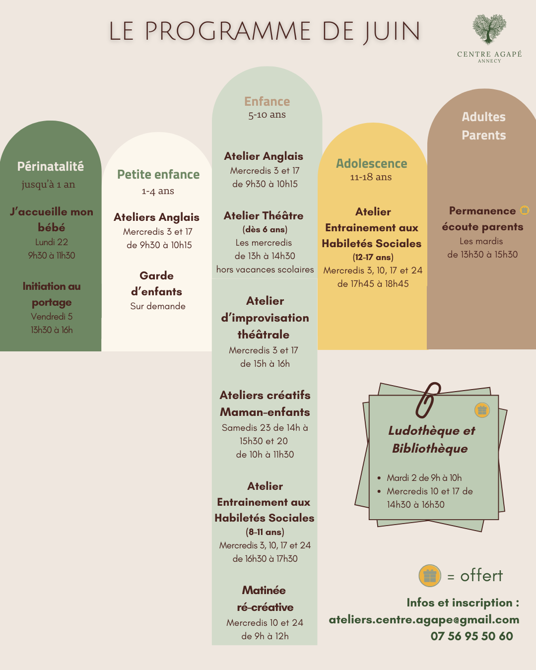 Programme des ateliers de juin 2026 au Centre Agapé Annecy – Ateliers enfants, adolescents et parentalité à Annecy