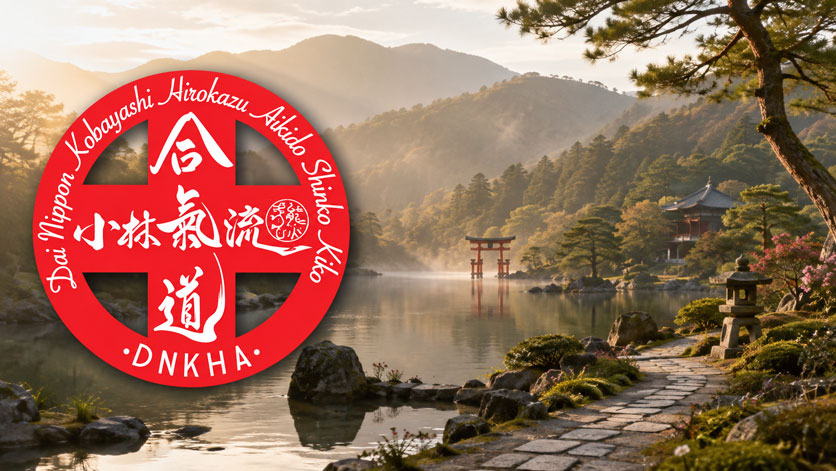 Logo de l'école japonaise sur un fond représentant un paysage japonais
