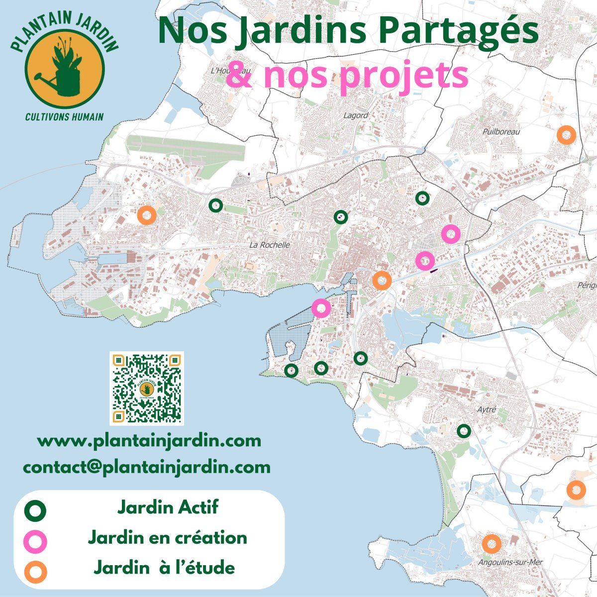 Carte des projets 2025 de Jardins Partagés portés par Plantain jardin
