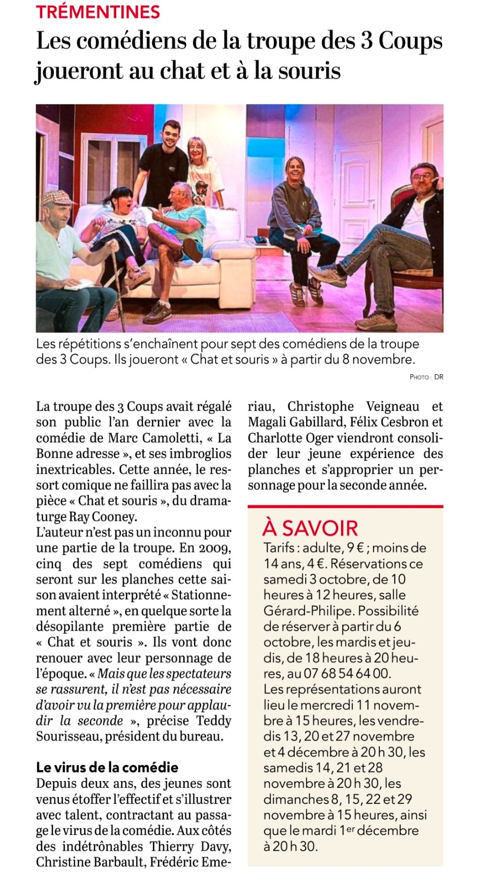 Courrier de l'Ouest : Les comédiens de la troupe des 3 Coups joueront au chat et à la souris