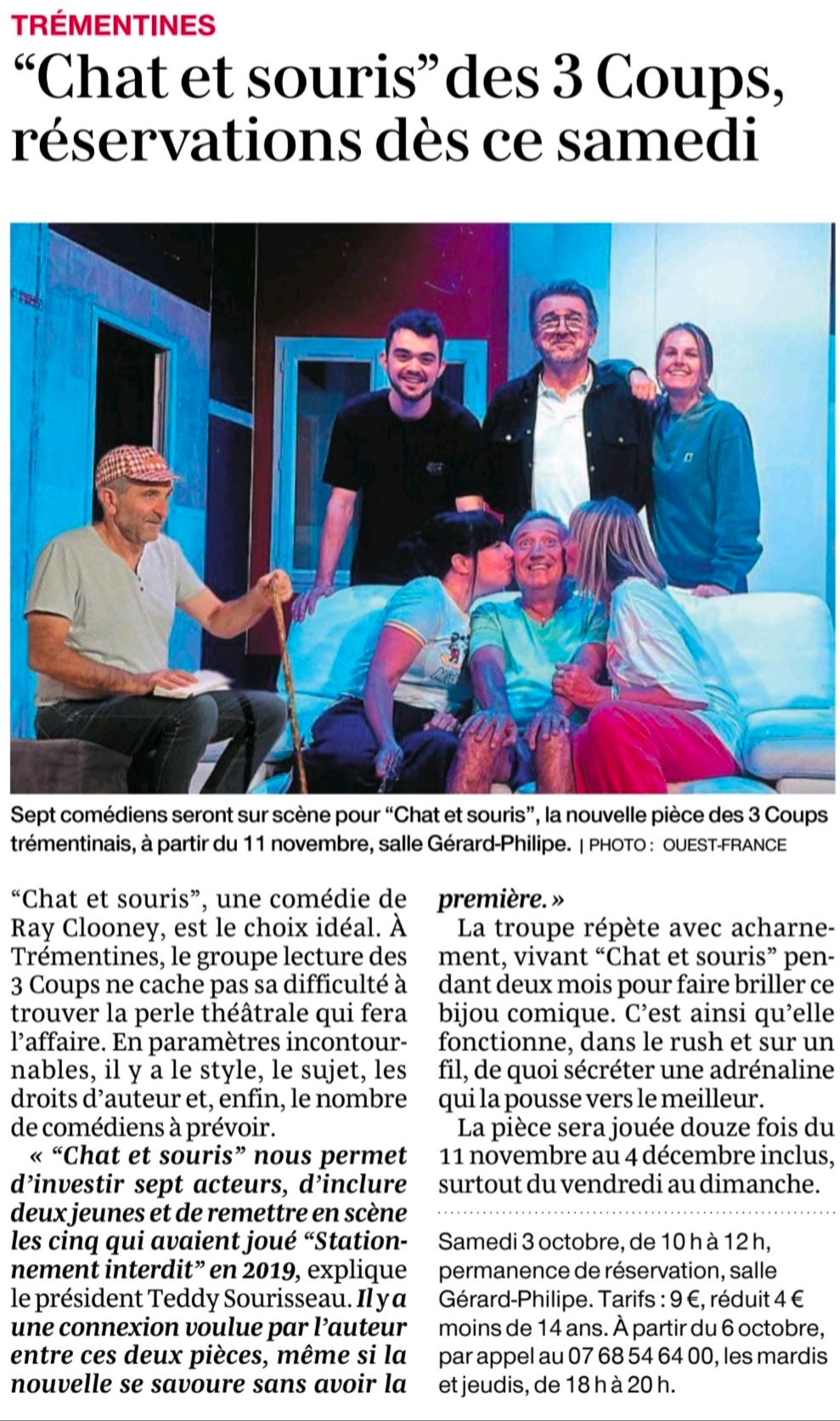 Ouest France : "Chat et souris" des 3 Coups, réservations dès ce samedi