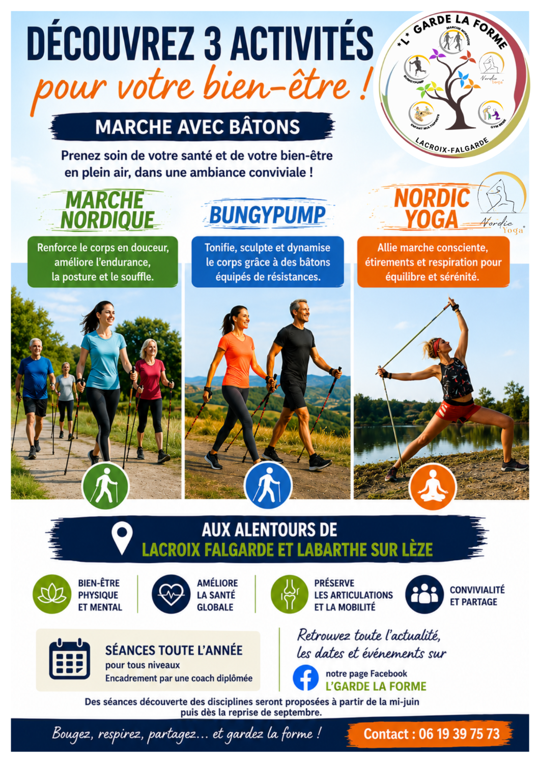 Séances de découvertes Marche avec bâtons: Marche Nordique / BUNGYPUMP et Nordic Yoga