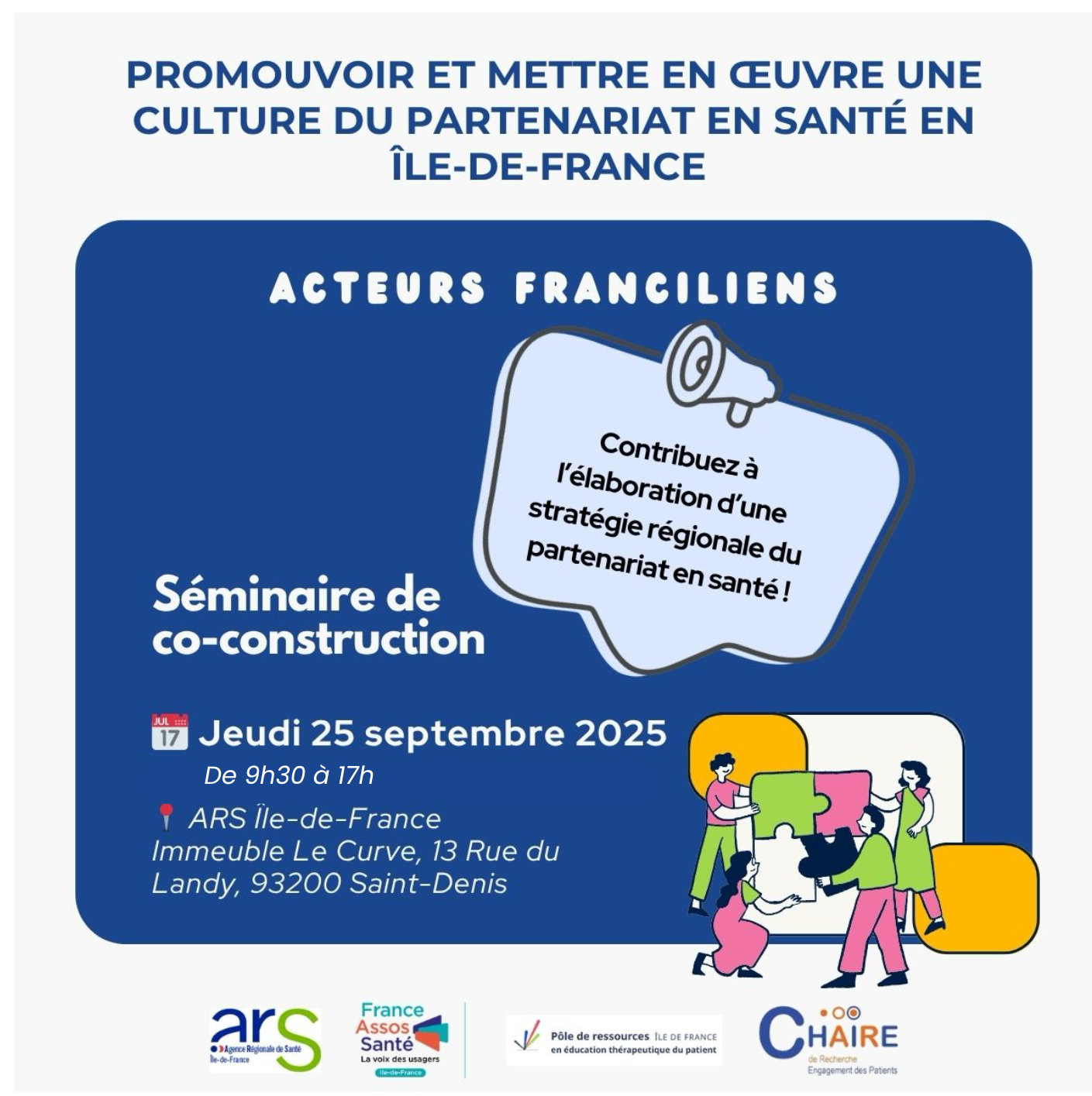 Séminaire de co-construction : Contribuez à l’élaboration d’une stratégie du partenariat en santé en Ile de France !