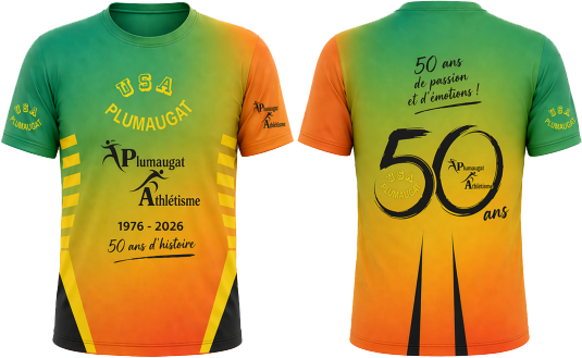 Maquette du tee-shirt collector des 50 ans de Plumaugat Athlétisme
