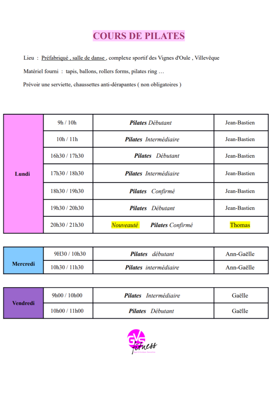 PLANNING PILATES 2026-2027