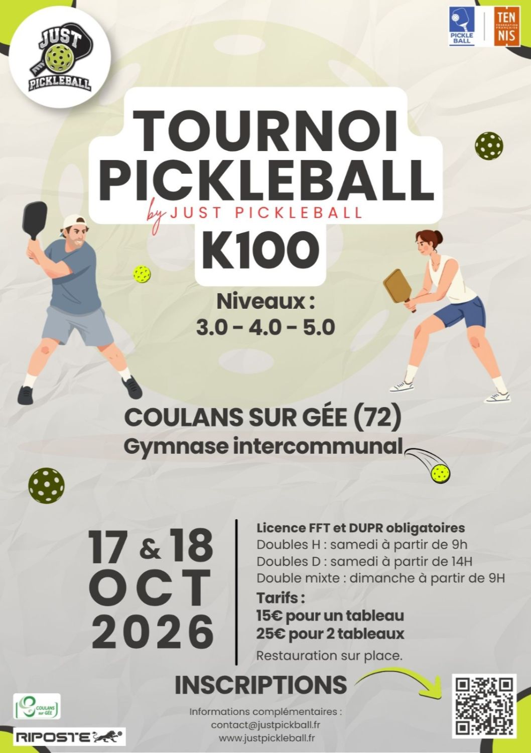 Tournoi Pickleball K100 -  Just Pickleball Sarthe - Coulans sur Gée - 72