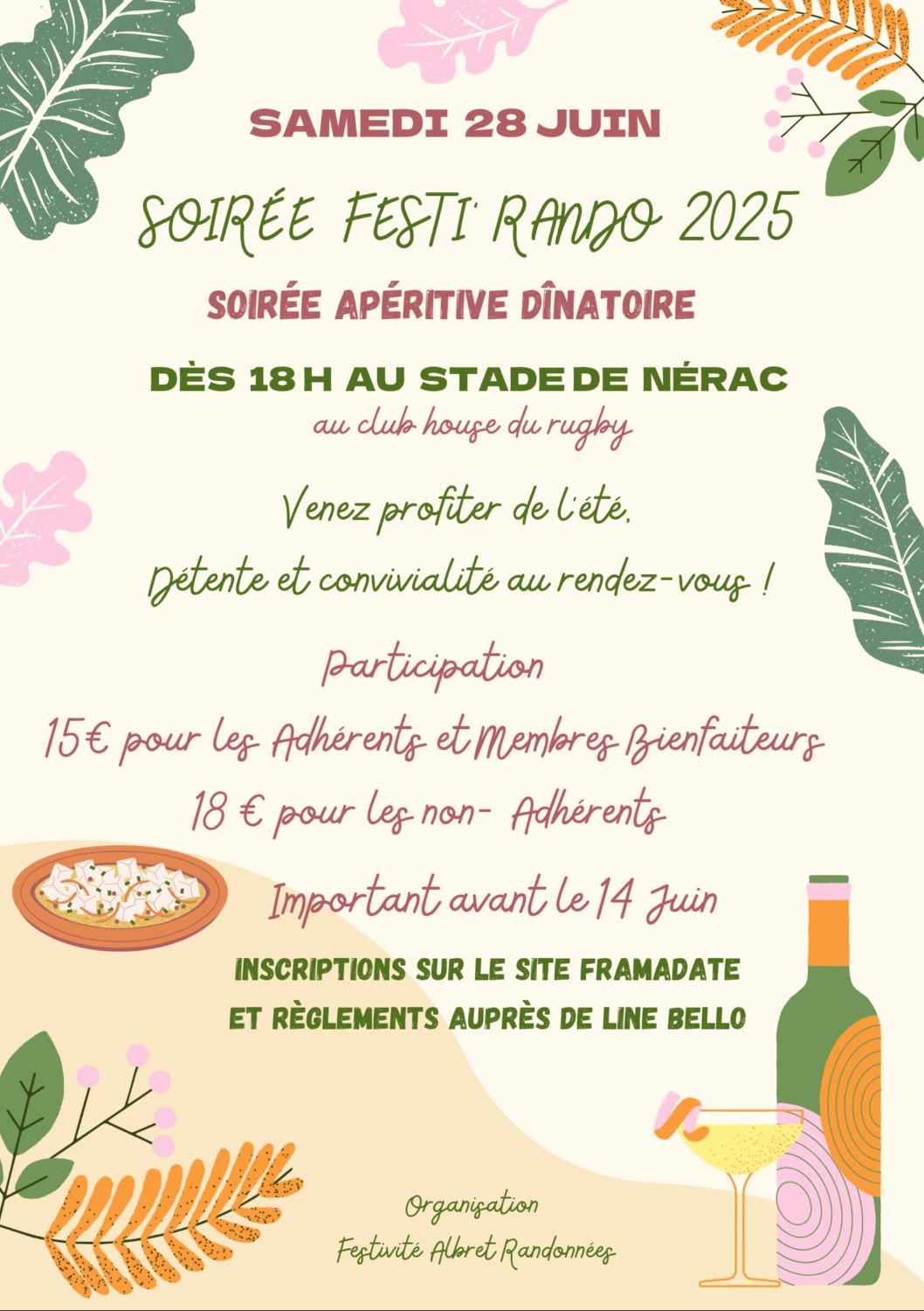 Festi-rando  aperitif dinatoire club house rugby stade de nerac le samedi 28 juin 2025 à 18 h