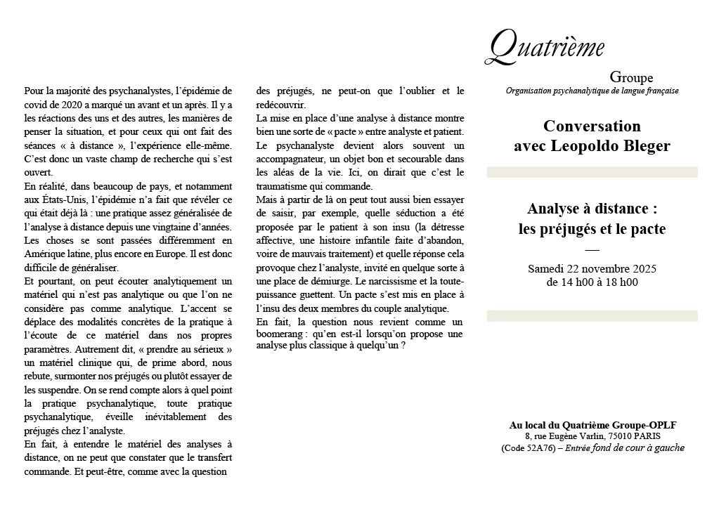 Conversation  avec Leopoldo Bleger. Analyse à distance : les préjugés et le pacte