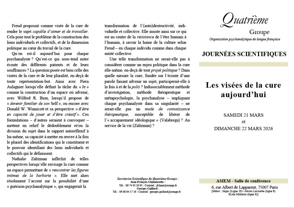 JOURNEES SCIENTIFIQUES DU QUATRIEME GROUPE - OPLF :     Les visées de la cure aujourd'hui