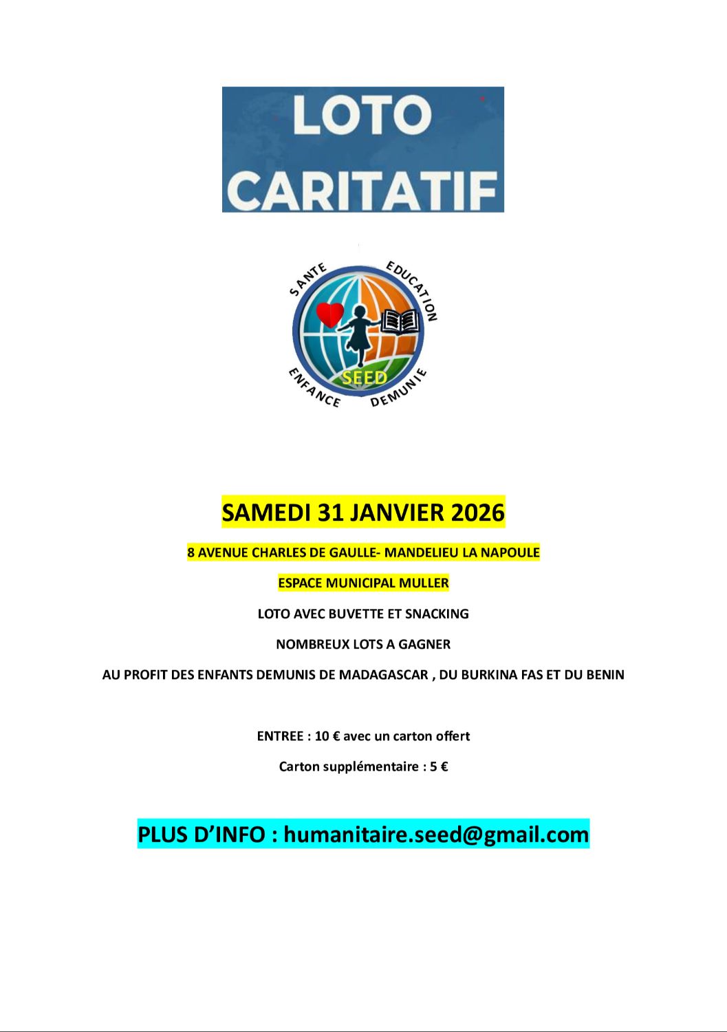 LOTO CARITATIF MANDELIEU 31 JANVIER 2026
